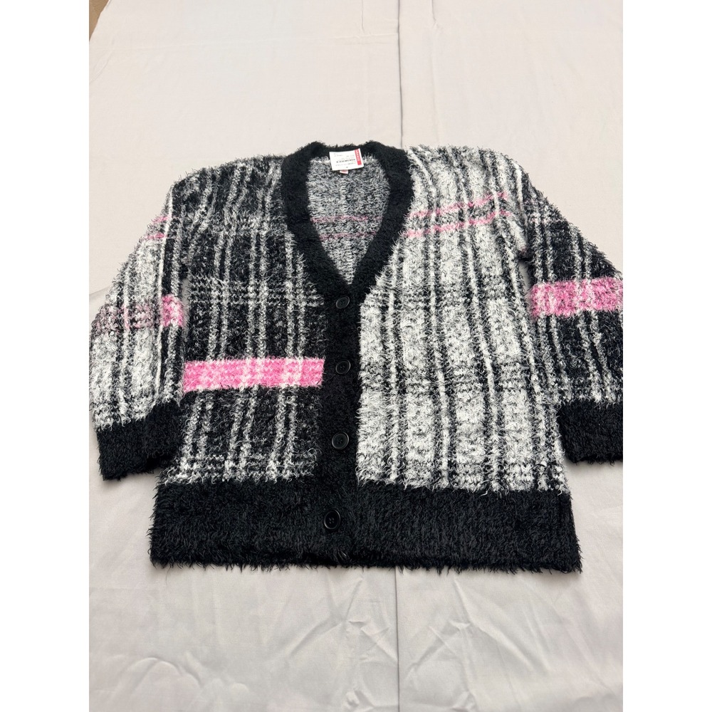 Design History Womens Plaid Eyelash Knit Cardigan Sweater Pink Black White L NWT